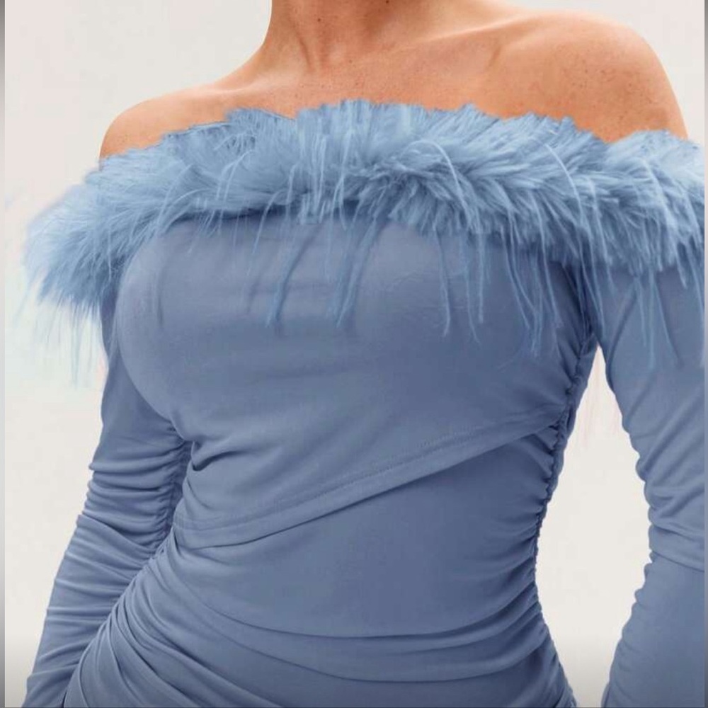 Off-Shoulder Blue long sleeve top with Feather Trim
